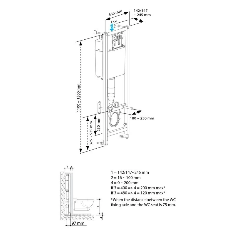 Iona Wall Hung 1.1m WC Frame With Cistern 4 Iona Wall Hung 1.1m WC Frame With Cistern - Image 2