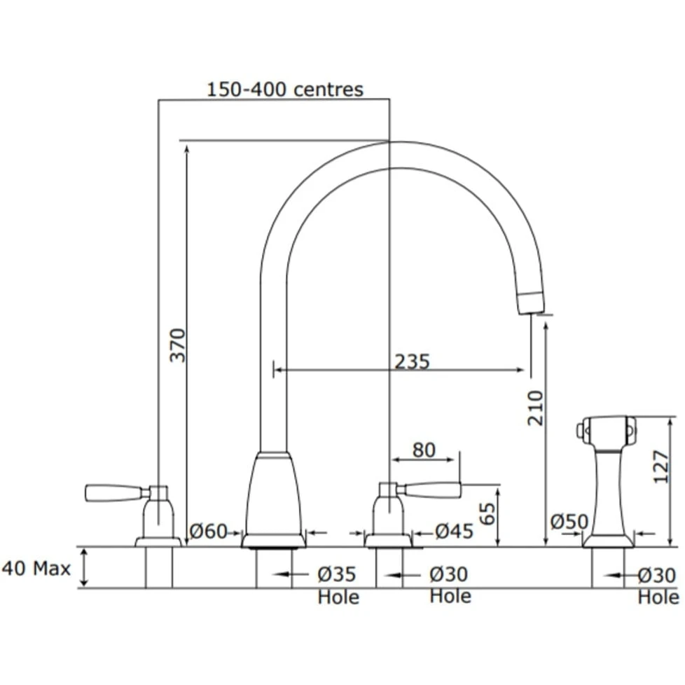 Perrin & Rowe Callisto 3 Hole C Spout Sink Mixer & Spray Chrome 4 Perrin & Rowe Callisto 3 Hole C Spout Sink Mixer & Spray Chrome - Image 2