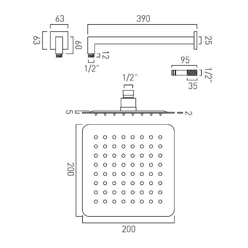 Vado Aquablade Square Slimline Head & Arm 200mm 4 Vado Aquablade Square Slimline Head & Arm 200mm - Image 2